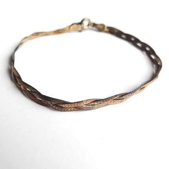 Tri Tone Bracelet Braided Herringbone Weave 925 Italy FMC 7" Gift - Picture 5 of 9